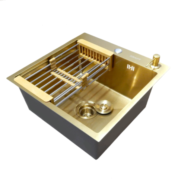Мийка KRAFT Handmade Nano Gold Decor 540*480*230 (корзина + кріплення + сифон + дозатор)