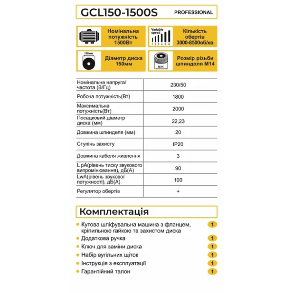 ZEGOR Мережева болгарка 1500W /круг d150 /Регулятор обертів /36міс.гарантія