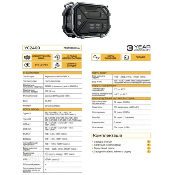 Зарядна станція ZEGOR 2.4кВт (пікова 4.8кВт) /BYD LiFePo4