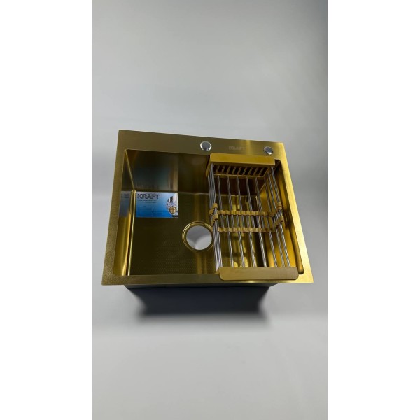 Мийка KRAFT Handmade Nano Gold Decor 500*500*230 (корзина + кріплення + сифон + дозатор)