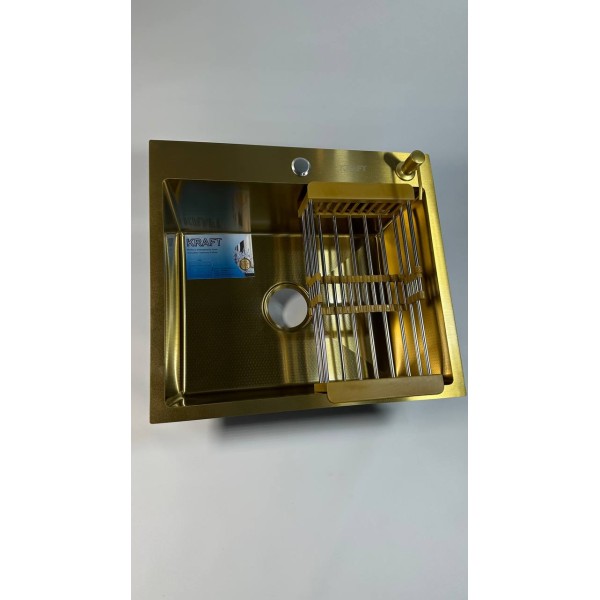 Мийка KRAFT Handmade Nano Gold Decor 540*480*230 (корзина + кріплення + сифон + дозатор)