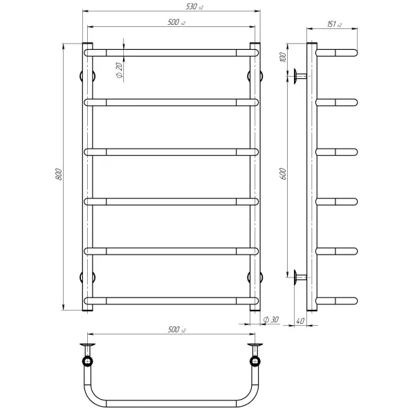 Рушникосушка Стандарт 500х800 Deffi (хром, нижнє підкл.)