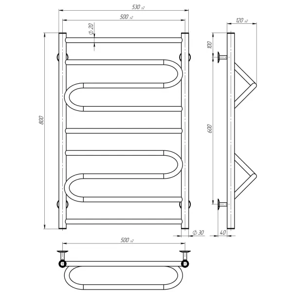 Рушникосушка Вілла 500х800 Deffi (Хром, нижнє підкл.)