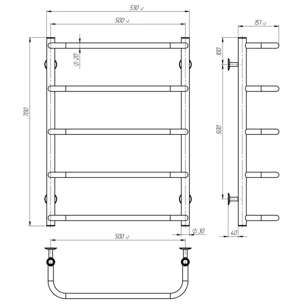 Рушникосушка Стандарт 500х700 Deffi (хром, нижнє підкл.)