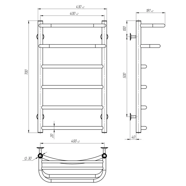Рушникосушка Отель П6 400х700 Deffi (Хром, нижнє підкл.)
