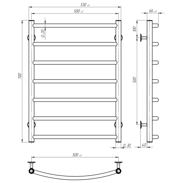 Рушникосушка Класік 500х700 Deffi (Чорна, нижнє підкл.)