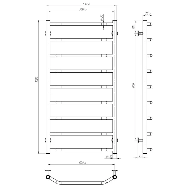 Рушникосушка Трапеція П9 500х1000 Deffi (Чорна, нижнє підкл.)
