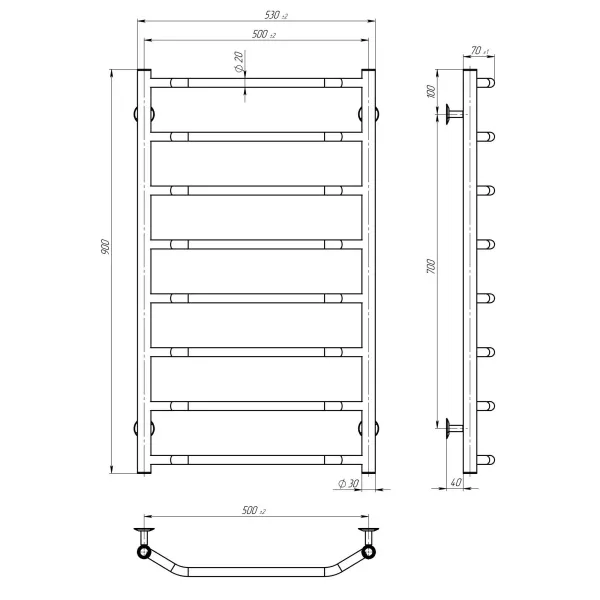 Рушникосушка Трапеція 500х900 Deffi (Хром, нижнє підкл.)