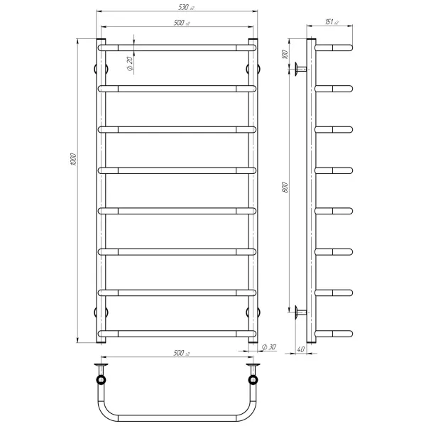Рушникосушка Стандарт 500х800 Deffi (хром, нижнє підкл.)