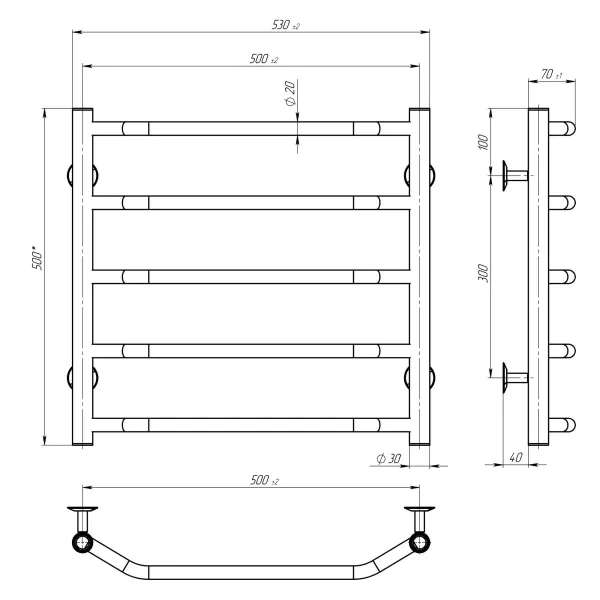Рушникосушка Трапеція 500*600 Deffi (Чорний, нижнє підкл.)