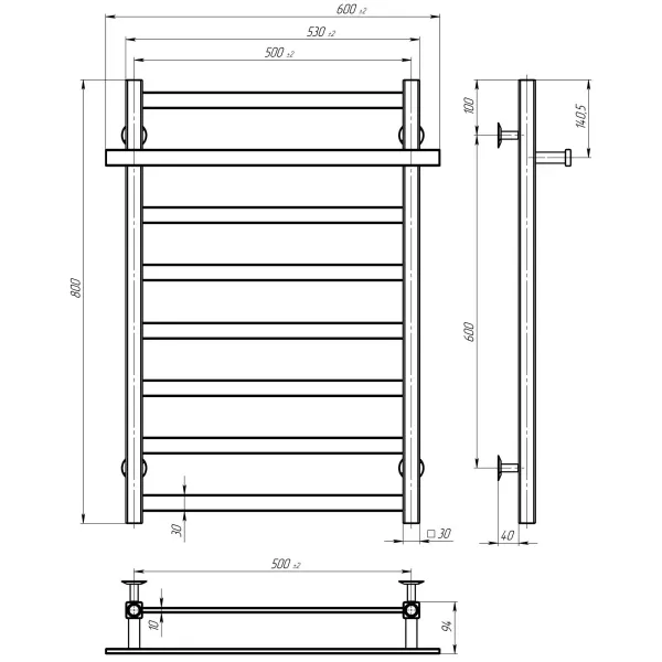 Рушникосушка Deffi Nikole 500*800 Deffi (Графіт, нижнє підкл.)