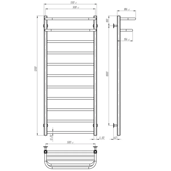 Рушникосушка Lux Hotel 500*1200 Deffi (Хром, нижнє підкл.)