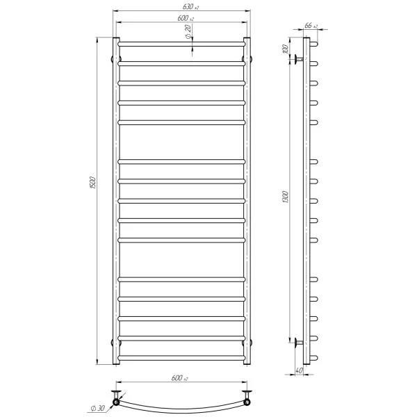 Рушникосушка Класік Еліт 600*1500 Deffi (хром, нижнє підкл.)