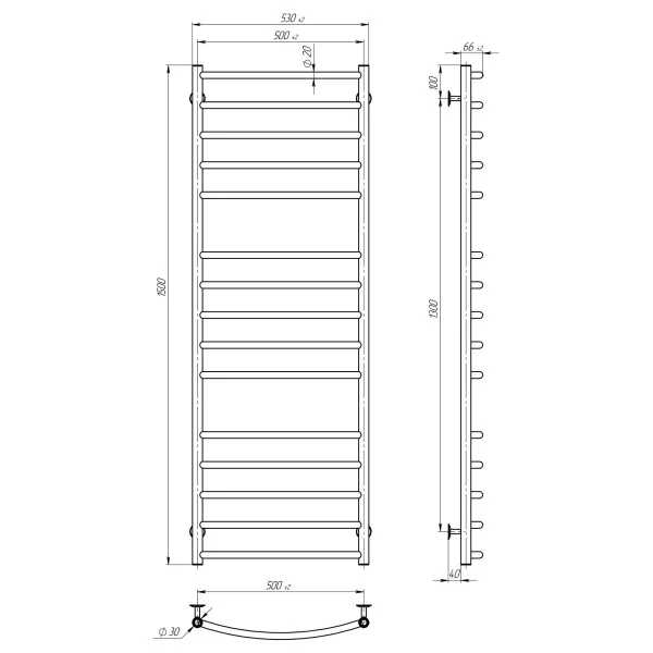 Рушникосушка Класік Еліт 500*1500 Deffi (Хром, нижнє підкл.)