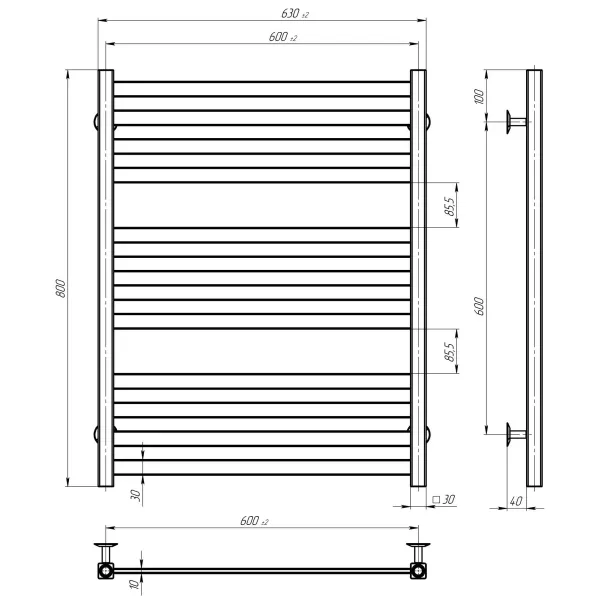 Рушникосушка Magnus 600*1000 Deffi (Чорна, нижнє підкл.)