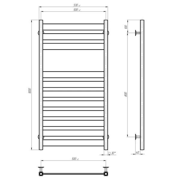 Рушникосушка Victoria 500*1000 Deffi (Чорний, нижнє підкл.)