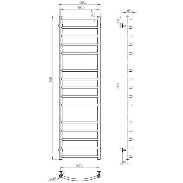 Рушникосушка Класік Еліт 400*1500 Deffi (Хром, нижнє підкл.)