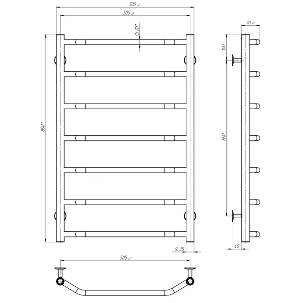 Рушникосушка Трапеція 500х800 Deffi (хром, нижнє підкл.)