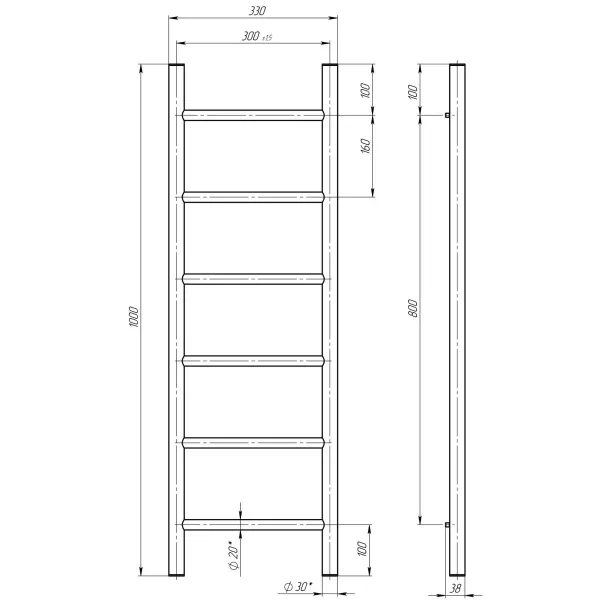 Рушникосушка Оріон 300*1000 Deffi (Чорний, нижнє підкл.)