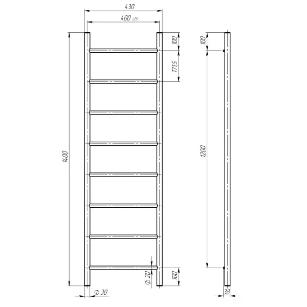 Рушникосушка Оріон 400*1400 Deffi (Білий, нижнє підкл.)