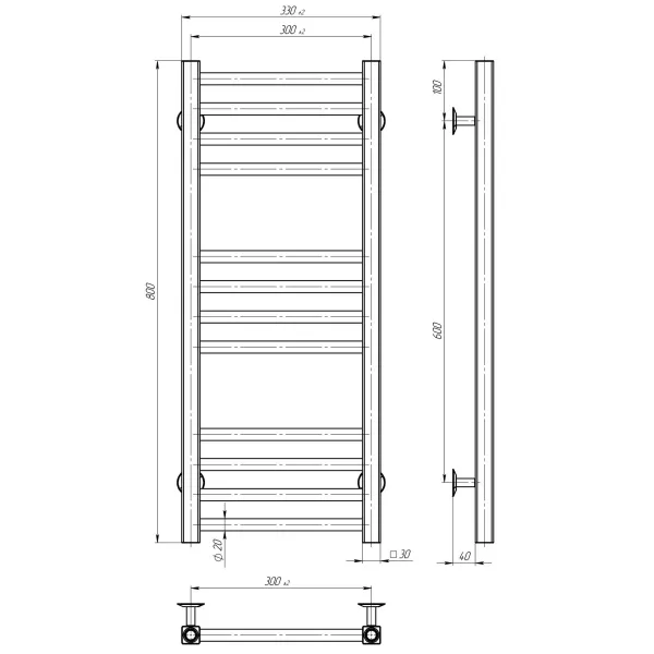 Рушникосушка Lima 300х800 Deffi (Хром, нижнє підкл.)