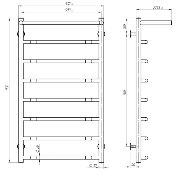 Рушникосушка Трапеція з поличкою 500*900 Deffi (біла, нижнє підкл.)
