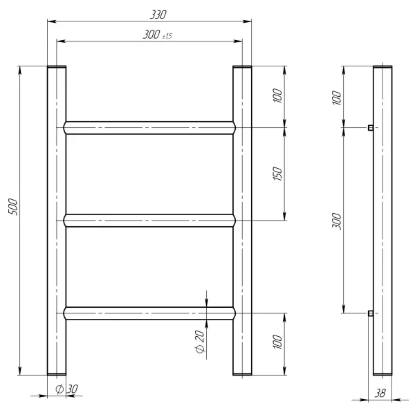 Рушникосушка Оріон 300*500 Deffi (Чорний, нижнє підкл.)