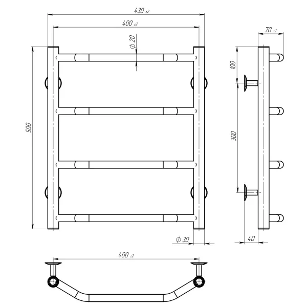 Рушникосушка Трапеція 400х500 Deffi (Хром, нижнє підкл.)