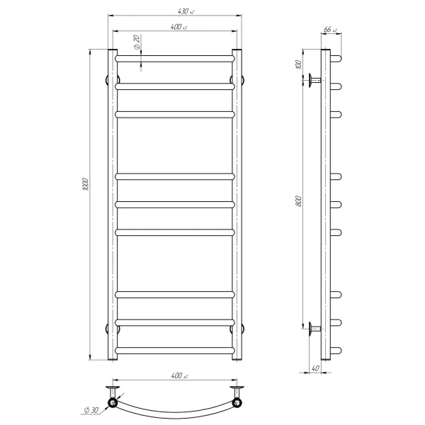 Рушникосушка Класік Еліт 400х1000 Deffi (Хром, нижнє підкл.)