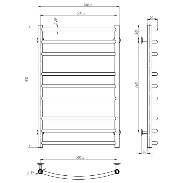 Рушникосушка Класік Еліт 500х800 Deffi (Чорний, нижнє підкл.)