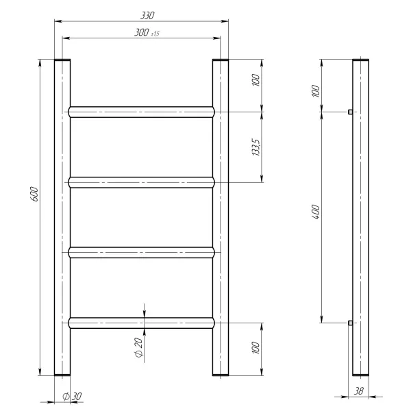 Рушникосушка Оріон 300*600 Deffi (Біла, нижнє підкл.)