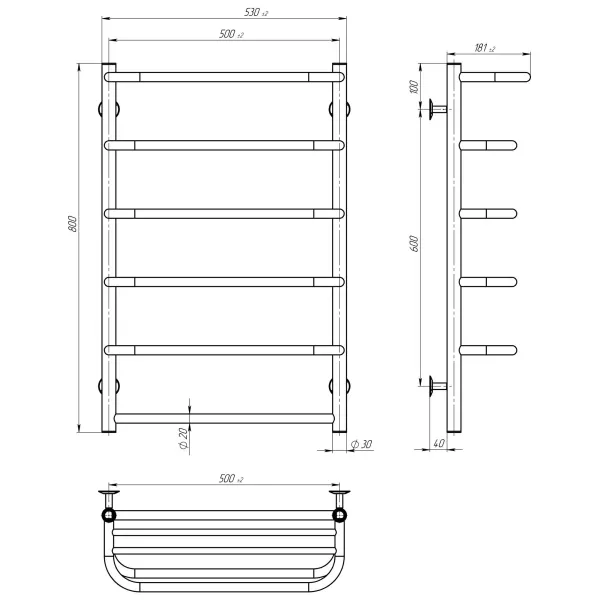Рушникосушка Стандарт з полицею 500х800 Deffi (хром, нижнє підкл.)