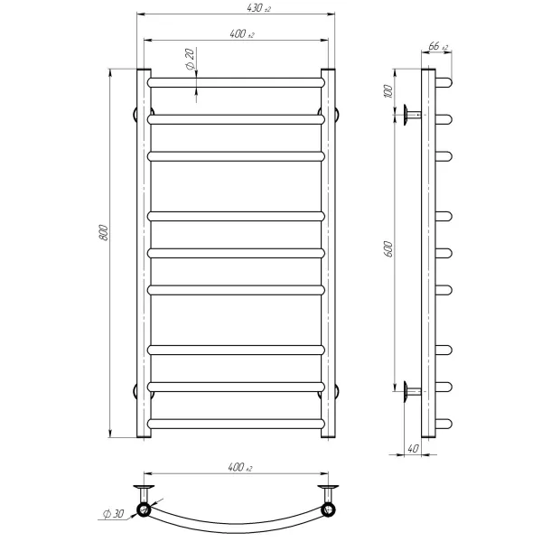 Рушникосушка Класік Еліт 400х800 Deffi (Білий, нижнє підкл.)