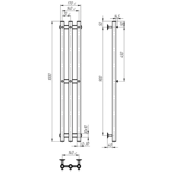 Рушникосушка ZARA 140*1000 Deffi (Хром, нижнє підкл.)