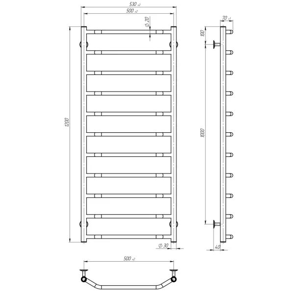Рушникосушка Трапеція 500х1200 Deffi з полицею (хром, нижнє підкл.)