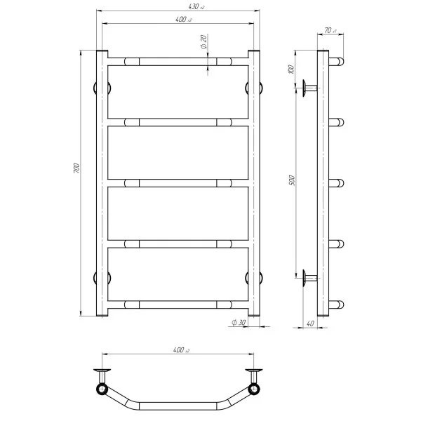 Рушникосушка Трапеція 400х700 Deffi з полицею (Хром, нижнє підкл.)
