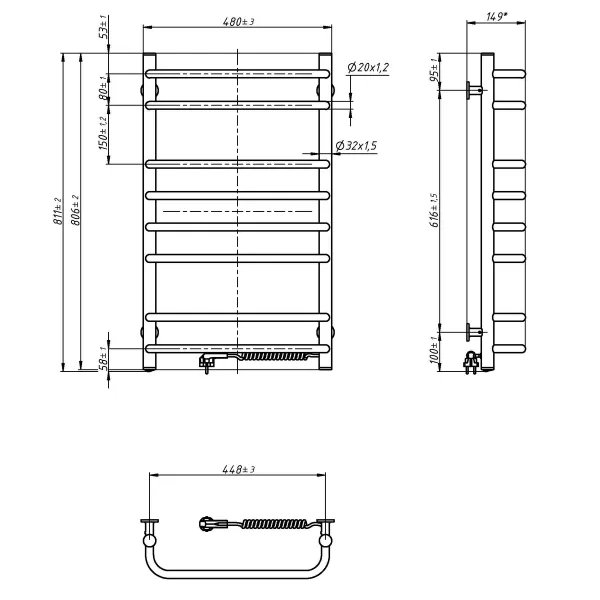 Рушникосушка електрична Симфонія 480х800 (Права, 192Вт)
