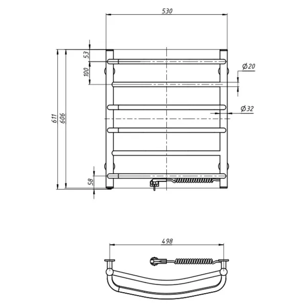 Рушникосушка електрична Омега 530х600 (Права, 128 Вт)