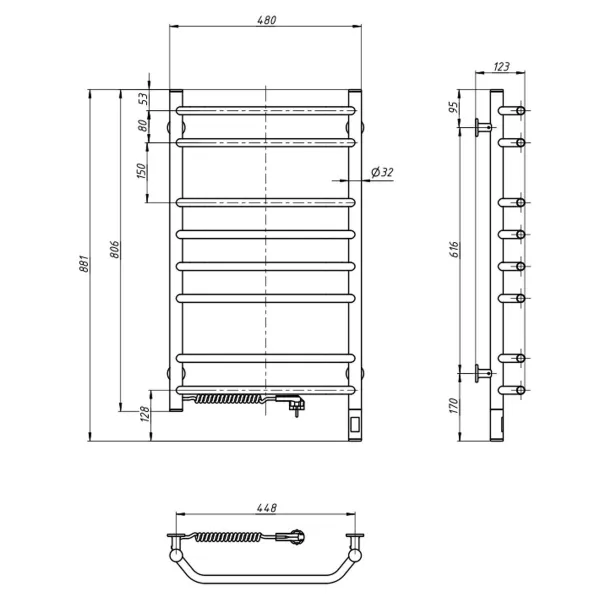 Рушникосушка електрична Блюз 480х800 Sensor (Ліва, 142 Вт)