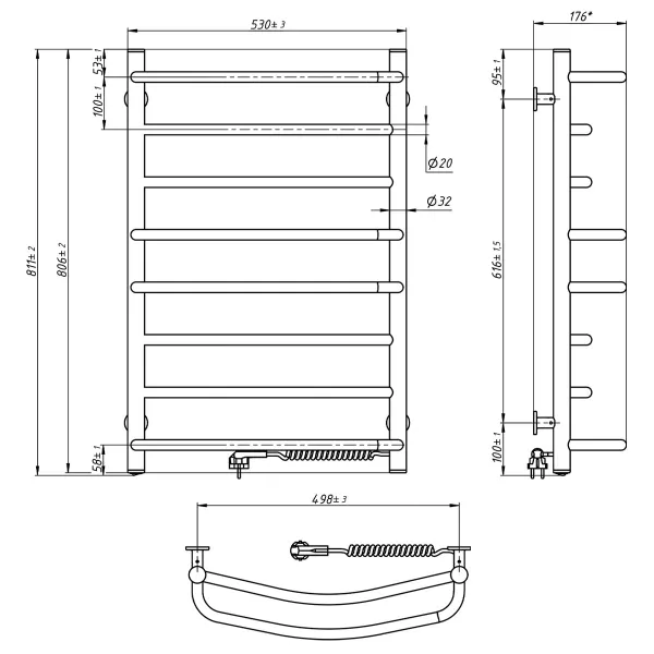 Рушникосушка електрична Омега 530х800 (Права, 192 Вт)
