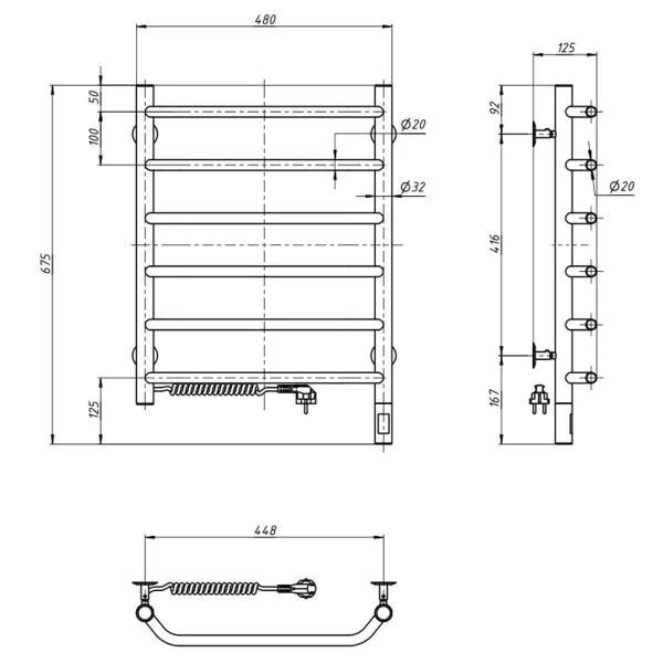 Рушникосушка електрична Блюз нержавійка 480х600 (Права, 78Вт)