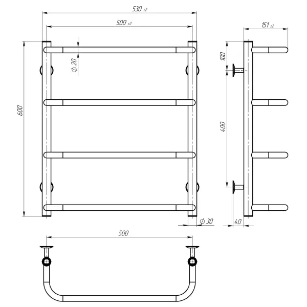 Рушникосушка Стандарт 500х600 Deffi (хром, нижнє підкл.)
