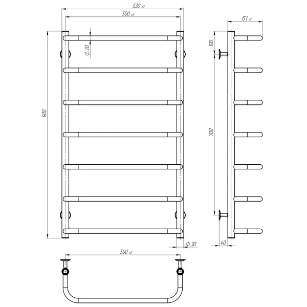 Рушникосушка Стандарт 500х900 Deffi (хром, нижнє підкл.)