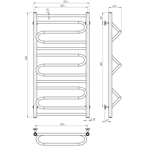 Рушникосушка Вілла 500х1000 Deffi (Хром, нижнє підкл.)