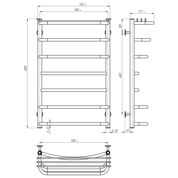Рушникосушка Юність 500х800 Deffi (Хром, нижнє підкл.)