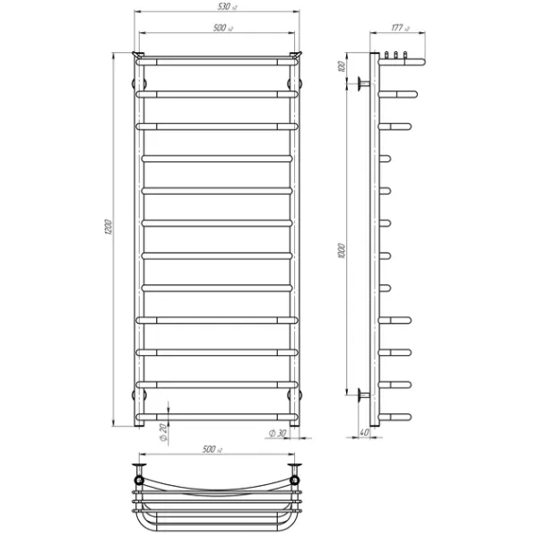 Рушникосушка Юність 500х1200 Deffi (Хром, нижнє підкл.)