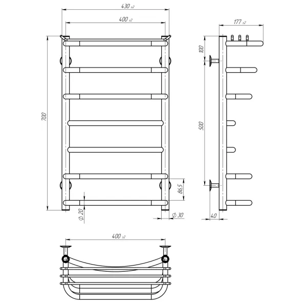 Рушникосушка Юність 400х700 Deffi (Хром, нижнє підкл.)