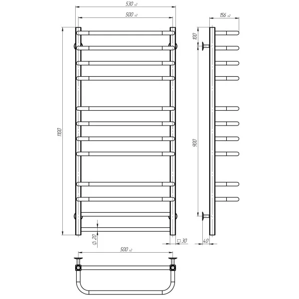 Рушникосушка Люкс 500х1100 Deffi (хром, нижнє підкл.)