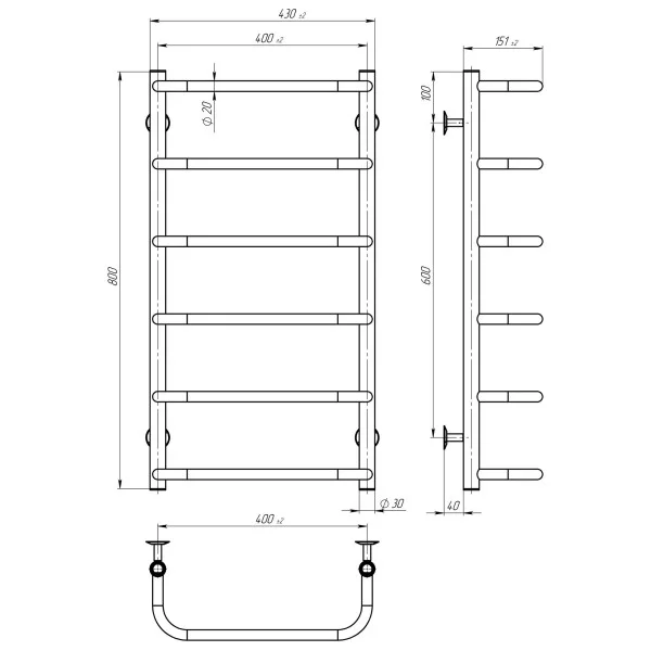 Рушникосушка Стандарт 400х800 Deffi (Хром, нижнє підкл.)