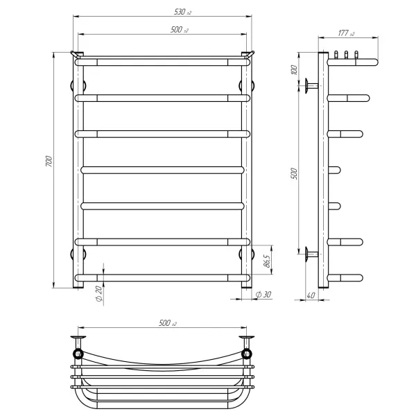 Рушникосушка Юність 500х700 Deffi (Хром, нижнє підкл.)